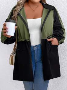 SHEIN LUNE Plus Size Military Green Patchwork Outdoor Casual Cinched Waist Fashionable Jacket Winter Fall Autumn - Multicolor - View 4