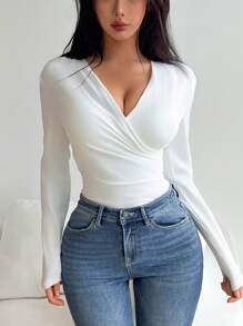 Chiquease 女士白色长袖 V 领 T 恤 - 白色 - 查看 3