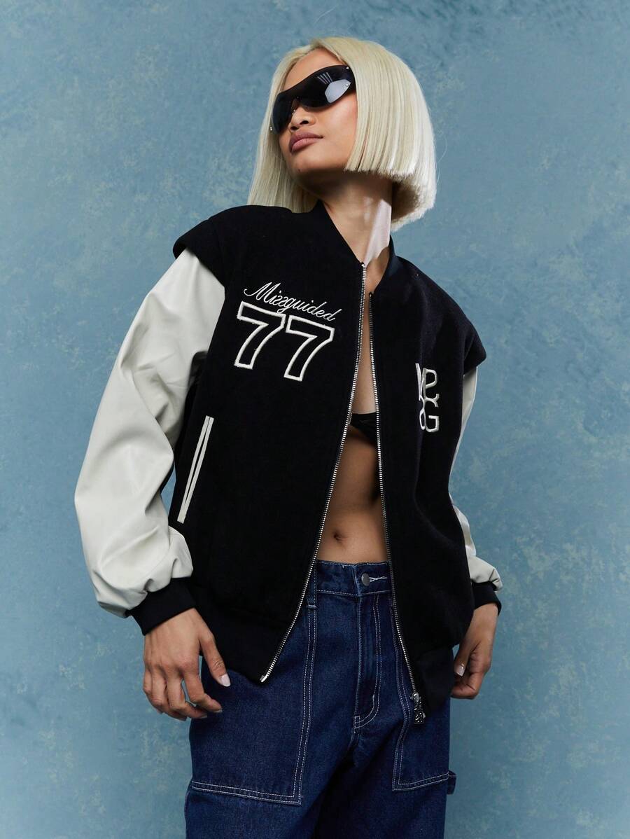 MISSGUIDED Embroidered Logo Varsity Jacket Winter Wear - Black and White - View 1
