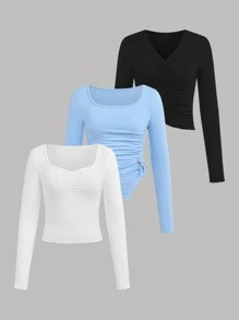 SHEIN Girlism Áo thun dài tay nhún bèo thường ngày cho bé gái tuổi teen mua 1 tặng 2 3 món/bộ - Nhiều màu - Xem 1