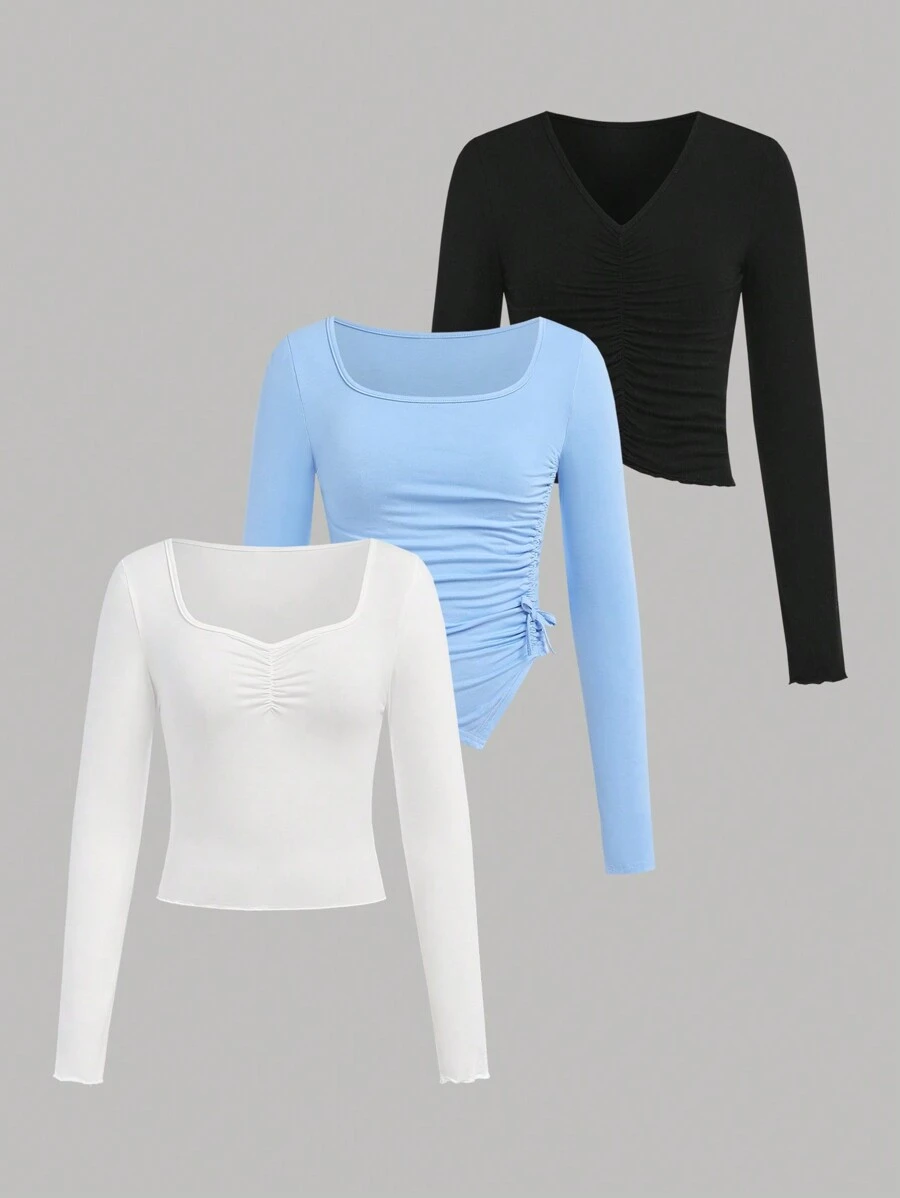 SHEIN Girlism Áo thun dài tay nhún bèo thường ngày cho bé gái tuổi teen mua 1 tặng 2 3 món/bộ - Nhiều màu - Xem 1