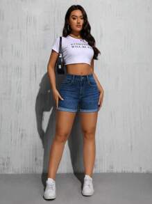 SHEIN Tall Women Solid Color Simple Daily Mid-Rise Skinny Denim Shorts - Medium Wash - View 4