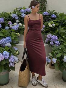 Livesso Vestido largo de mujer de unicolor con espalda abierta y tirantes finos, para vacaciones - Burdeos - Ver 4