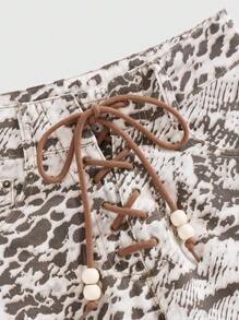 ROMWE J-Fashion 夏季、校园全印花系带口袋牛仔短裤 - 棕色 - 查看 3