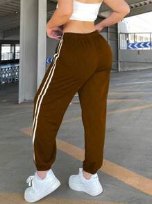 POPSWAY 大码女式侧条纹撞色休闲运动裤 - 棕色 - 查看 2