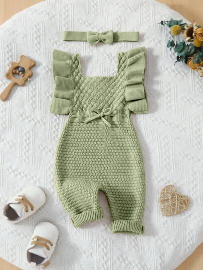 SHEIN Playful Pals 女婴荷叶边领休闲提花毛衣连体衣和蝴蝶结头带套装