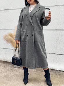 Calvaya Plus Size Autumn & Winter Casual Double Pocket Long Coat - Grey - View 3
