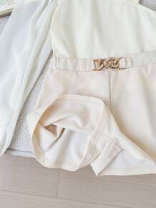 SHEIN Tween Girl 纯色不对称不对称领口长袖上衣和短裤优雅两件套 - 米色 - 查看 5