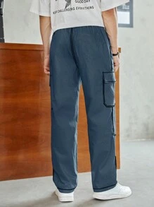 SHEIN Teenboys' Casual Versatile Cargo Pocket Black Woven Pants With White Stitching Detail - Dusty Blue - View 2