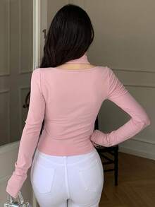 DAZY Áo thun dài tay trang trí nơ chắp vá ren nữ - Hồng - Xem 5