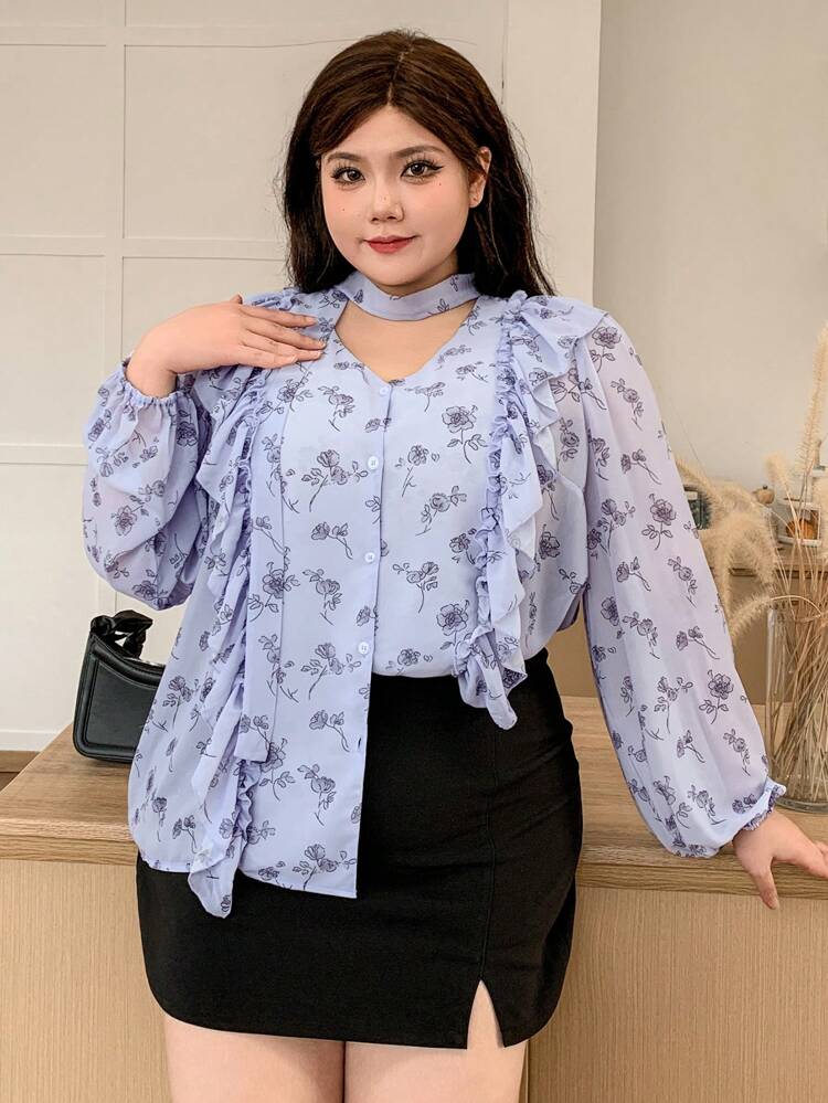 Dazy Plus Plus Size Floral Print V-Neck Tie Waist Elegant Blouse,Fall Clothes Long Sleeve Top Graphic Tee