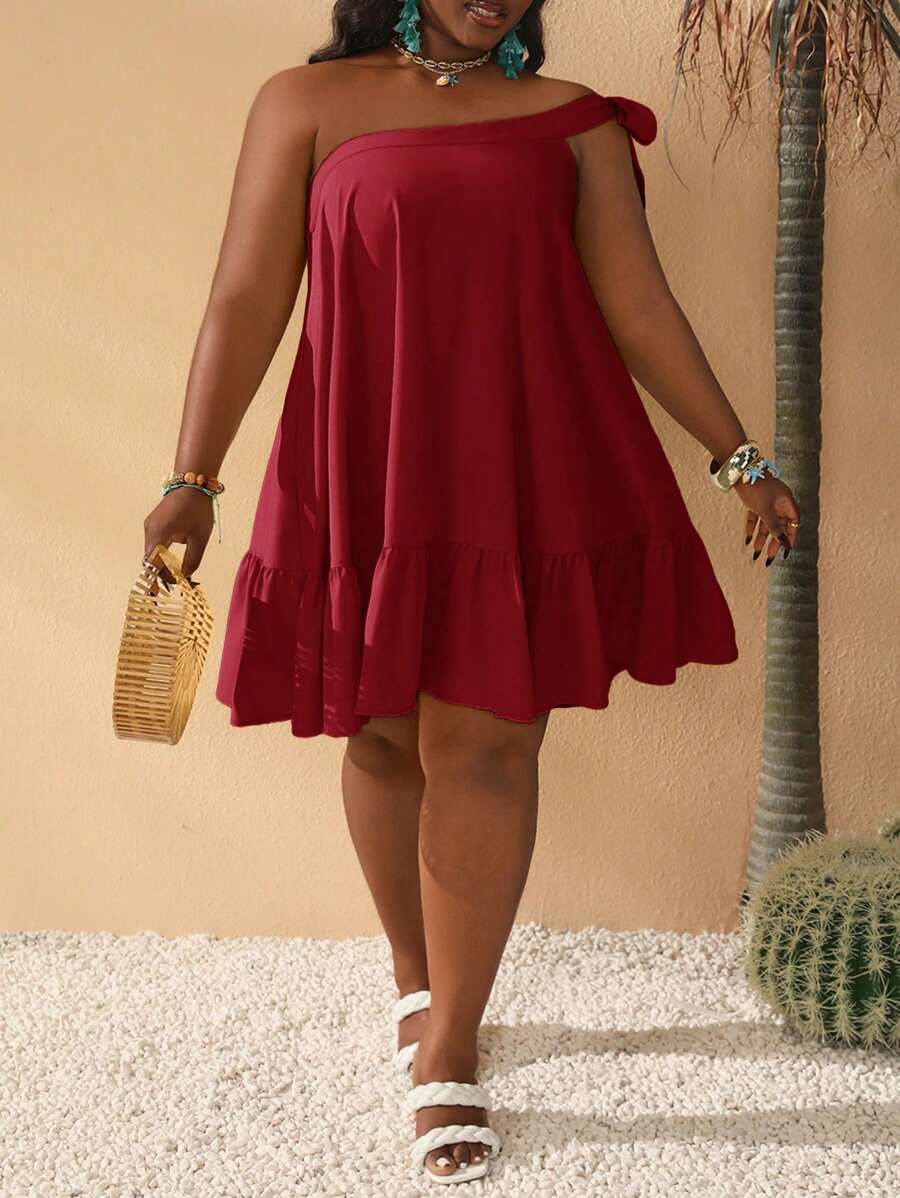 Slaydiva Váy mùa hè viền cao thấp bất đối xứng cỡ lớn màu vàng - Màu Đỏ Sâu - Xem 1