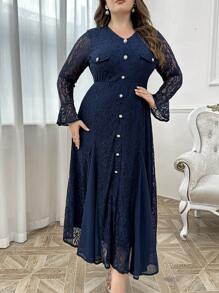 Modelyn Plus Size Women's Lace Patchwork Casual Long Sleeve Dress, Elegant Party Evening Maxi Length Dresses Long Evening Dresses - Navy Blue - View 5
