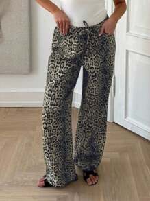 INAWLY Women Leopard Print Tie Front Straight Leg Casual Pants