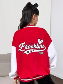 SHEIN Teen Girl's Knitted Color Blocking Letter Embellishment Casual Loose Baseball Jacket