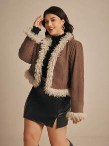 Elaquor Jachetă Fuzzy Patchwork de mărimi mari, toamnă/iarnă - Cămilă - Vizualizare 5