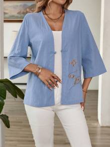 EMERY ROSE Linen Embroidered Casual Jacket For Women - Blue - View 1