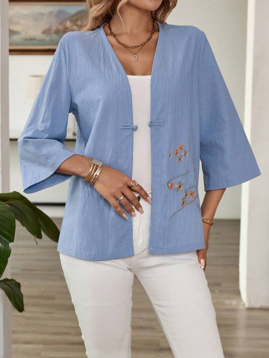 EMERY ROSE Linen Embroidered Casual Jacket For Women - Blue - View 1