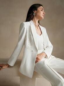 Anewsta Women's Personalized Lace Patched Business Casual Blazer Jacket, Spring Autumn - White - View 5