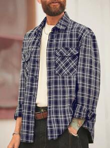 Manfinity Homme Retro American Style Men's Plaid Loose Fit Denim Shirt - Dark Wash - View 8