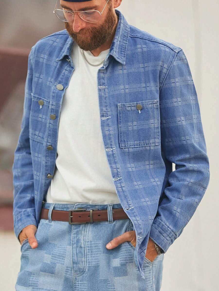 Manfinity Homme Retro American Casual Men's Light Blue Plaid Loose Denim Shirt - Light Wash - View 1