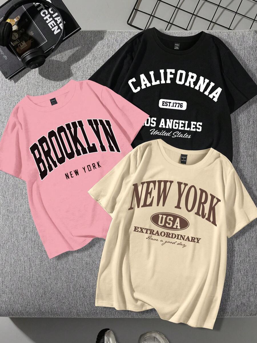 SHEIN EZwear Set de 3 camisetas sueltas de manga corta con cuello redondo y gráfico "NEW YOUR" de estilo minimalista casual, adecuadas para el verano - Multicolor - Ver 1
