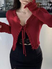 Joudiya 女士情人节荷叶边红色开衫，秋装 - 紅色 - 查看 4