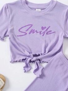 SHEIN 2pcs/Set Young Girl's Knitted Twist Knot Short Sleeve Tee And Knitted Cycling Shorts In Solid Color - Purple - View 3