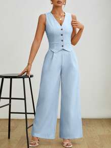 SHEIN PETITE 女士条纹两件套夏季马甲套装两件套 - 淺藍色 - 查看 5