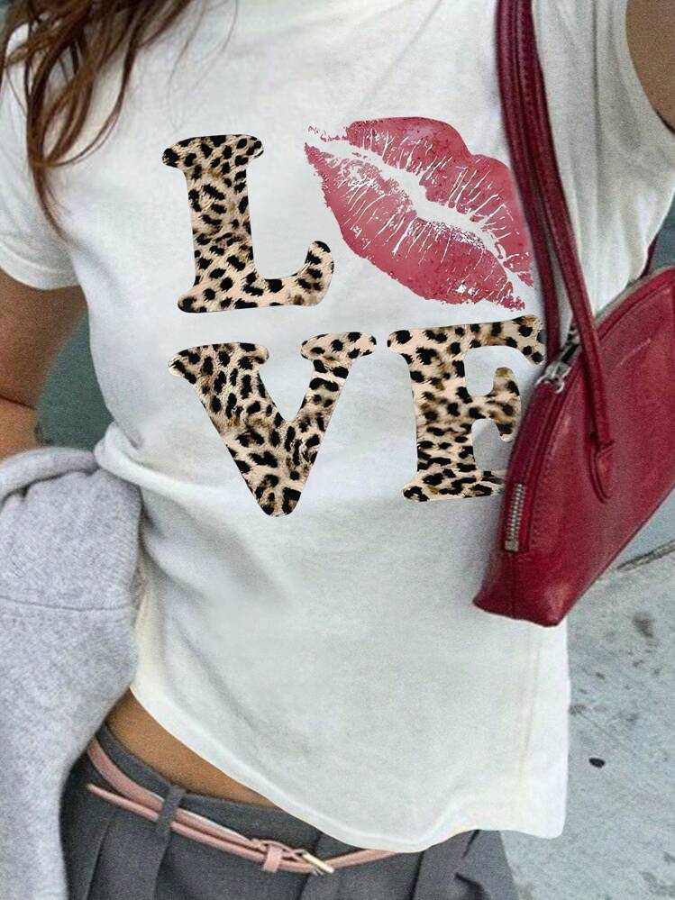 INAWLY Y2Kレオパード ラブパターン レディース夏Tシャツ