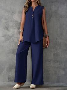 EMERY ROSE 2pcs/Set Women Textured Sleeveless Top & Wide Leg Pants With Button Front Split - Navy Blue - View 3