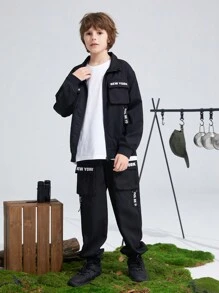 SHEIN 雙層男孩街頭時尚印花圓領短袖T恤和短褲套裝