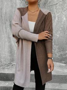 Calvaya Plus Size Women's Contrast Color Simple Casual Hooded Cardigan - Coffee Brown - View 5