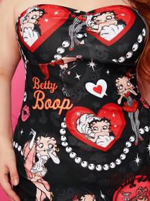 Betty Boop x SHEIN 时尚派对珍珠心形图案印花修身无肩带黑色连衣裙，大码，秋季女士 - 黑色 - 查看 3
