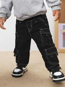 SHEIN Baby Boy Cool Multiple Pockets And Contrast Stitching Denim Black Jeans,Versatile For Outdoor Wear - Black - View 3