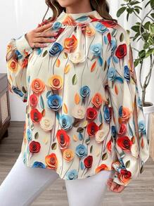 Flirla Plus Size Mock Neck Tie Back Floral Print Lantern Sleeve Blouse - Multicolor - View 6