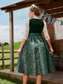 SHEIN Unity Women Waist Tie Contrast Color Gentle Elegant Charm Elegant Dress - Green - View 2
