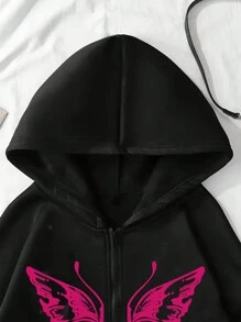 INAWLY Plus Size Butterfly Print Zip Up Hoodie, Fashionable Loose And Comfortable Streetwear, For Winter Graduation,Back To School Outfits,Graduation,Teacher Outfits For Women,Back To School Pullover Fall Outfit Autumn