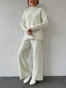 EURMUSE Ladies' Drop Shoulder Sweater And Sweater Pants Set - White - View 3