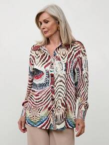 SHEIN LUNE Women's Turndown Collar Button Front Long Sleeve Allover Print Casual Blouse - Multicolor - View 1