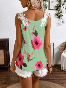 SHEIN LUNE Ladies Flower Print Sleeveless Tank Top With Shoulder Ruffle Detail