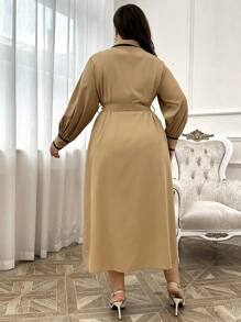 Modelyn Plus Size Casual Belted Long Sleeve Dress, Maxi Long Dress For Casual Daily/Vacation/Holiday/Evening Parties/Wedding Guest Long Evening Dresses