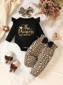 SHEIN 3pcs Baby Girls Cute Leopard Print Long Sleeve Ruffle Letter Bow Bodysuit And Long Pants Set - Black - View 3