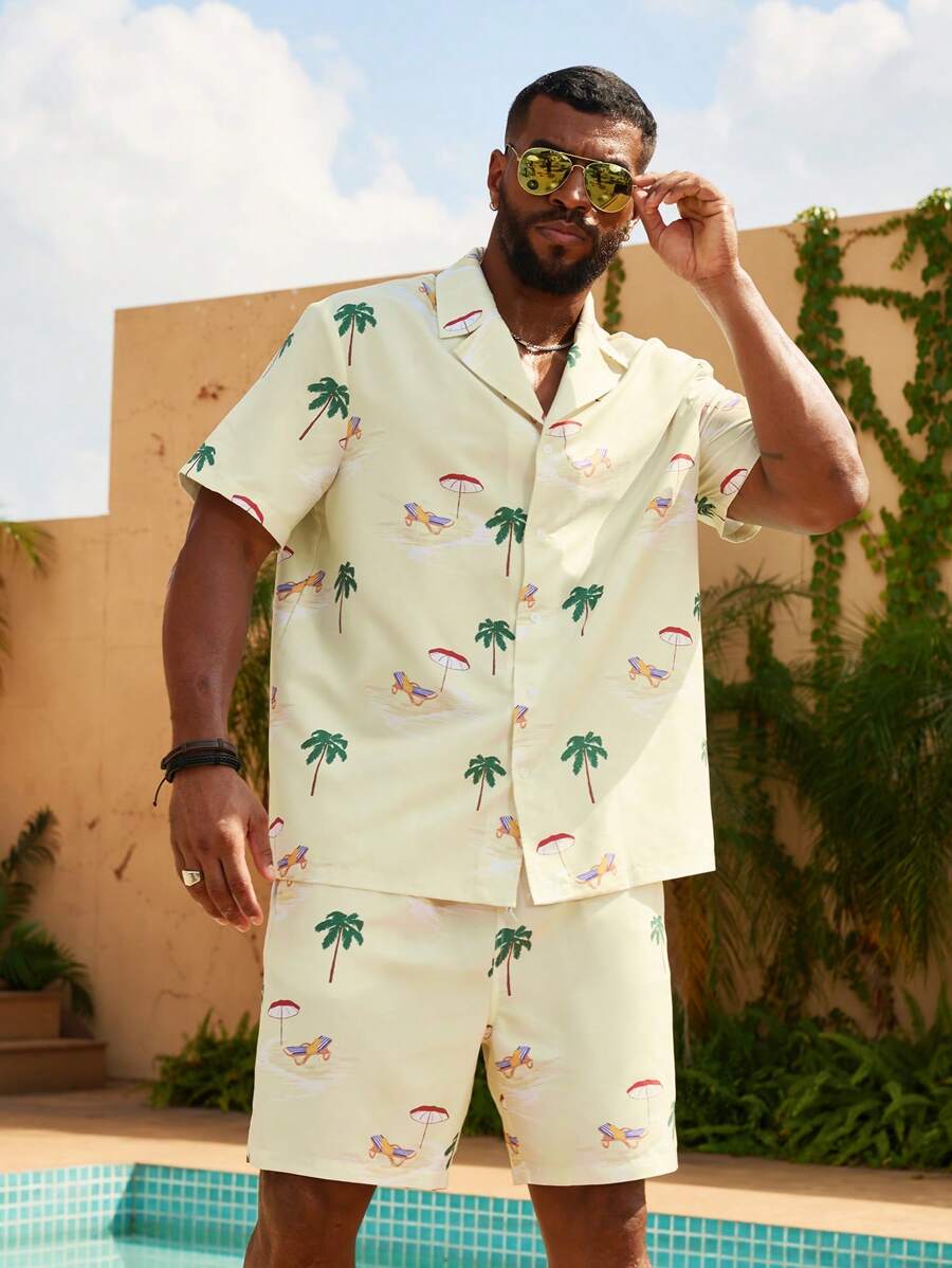 Manfinity Swimmode Trang phục đi biển ngắn tay và quần short in họa tiết nhiệt đới dành cho nam Plus Size - Nhiều màu - Xem 1