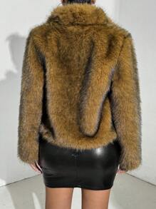 Allurite 1pc Faux Wolf Fur Collar Fur Coat, Autumn/Winter,Winter Fur Coat,Party Fur Coat,Elegant Fur Coat,Winter Women Outfits - Brown - View 2