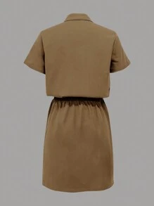 SHEIN LUNE Women Summer  Workwear Multi-Pocket Shirt Hip Short Dress - Khaki - View 2