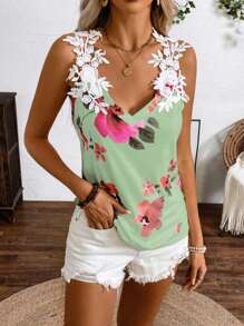 SHEIN LUNE Ladies Flower Print Sleeveless Tank Top With Shoulder Ruffle Detail