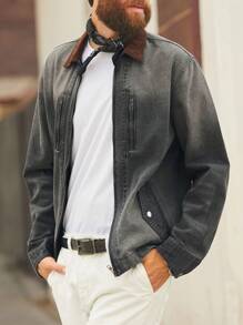 Manfinity Homme Retro American Casual Men's Light Grey Washed Denim Patchwork Collar Loose Jacket Varsity Coat - Light Grey - View 6