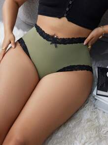 Snug Zone Plus Size Women Lace Trim Colorblock Panties Briefs - Olive Green - View 4
