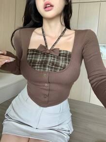 DAZY Women's Plaid Patchwork Bow Accent Long Sleeve T-Shirt